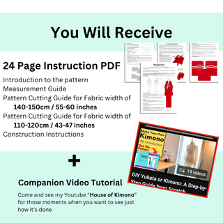 You will receive a 24-page PDF instruction guide for the Kimono Under-Robe Pattern, plus a companion video tutorial.