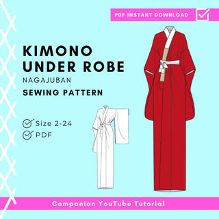 Kimono Under-Robe Pattern with Nagajuban sewing instructions, available in PDF format for sizes 2-24.
