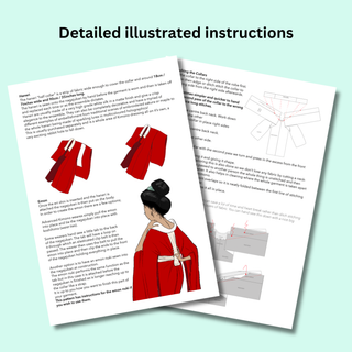 Detailed illustrated instructions for the Kimono Under-Robe Pattern, showcasing construction steps.