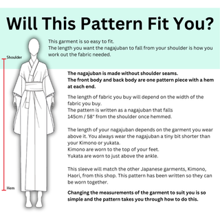 Kimono Under-Robe Pattern fit guide showing measurements and fitting instructions for Nagajuban sewing.