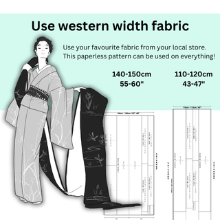 Kimono Undergarment Sewing Pattern Set showcasing fabric requirements and a model in kimono style.