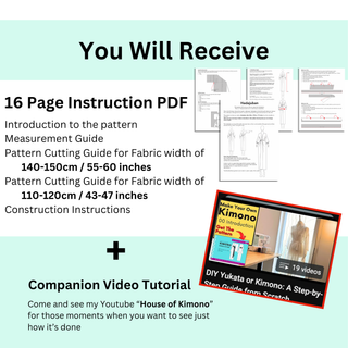 You will receive a 16-page instruction PDF and a companion video tutorial for making a Kimono Underwear Robe Pattern.