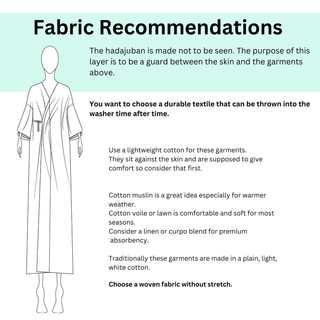 Fabric recommendations for Kimono Underwear Robe Pattern showing garment and text about textile choices.