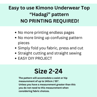 Easy to use Hadagi Sewing Pattern for a kimono underwear top, no printing required, suitable for sizes 2-24.