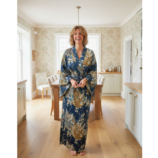 Woman wearing a beautiful kimono sewing pattern in a floral design, showcasing the easy Japanese kimono robe pattern.