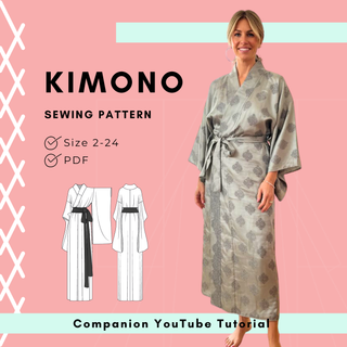 Kimono Sewing Pattern featuring a woman wearing a traditional kimono robe, available in sizes 2-24 and includes a PDF.