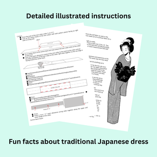 Detailed illustrated instructions for Kimono Sewing Pattern with fun facts about traditional Japanese dress.