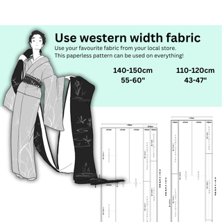 Kimono Sewing Pattern showing fabric width options for easy Japanese kimono robe sewing pattern with measurements.