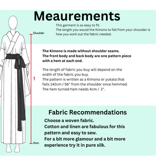 Kimono Sewing Pattern measurements and fabric recommendations diagram for easy kimono robe pattern.