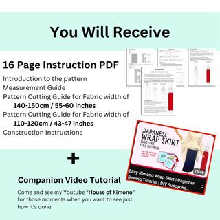 You will receive a comprehensive guide for the Kimono Wrap Skirt Sewing Pattern, including measurements and a video tutorial.