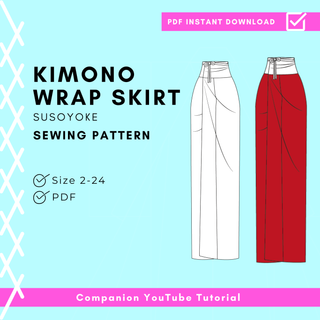 Kimono Wrap Skirt Sewing Pattern | Susoyoke pattern available in sizes 2-24, PDF instant download with YouTube tutorial.