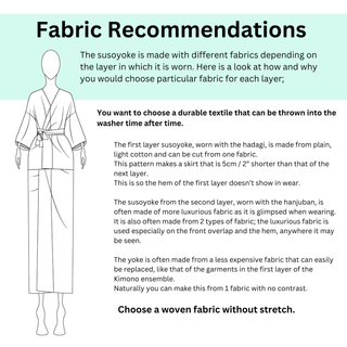 Fabric recommendations for Kimono Wrap Skirt Sewing Pattern showing different fabric choices for each layer.
