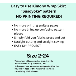 Text instructions for the Kimono Wrap Skirt Sewing Pattern, emphasizing ease of use and no printing required.