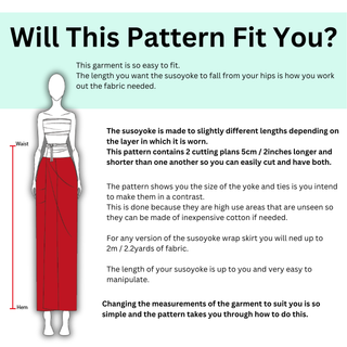 Will This Pattern Fit You? Guide for Kimono Wrap Skirt Sewing Pattern with sizing and fabric instructions.