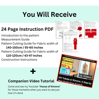 Kimono Wrap Top Sewing Pattern instruction PDF and video tutorial details including measurement guides and cutting instructions.