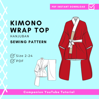 Kimono Wrap Top Sewing Pattern with Hanjuban style in red color, sizes 2-24, available for PDF instant download.