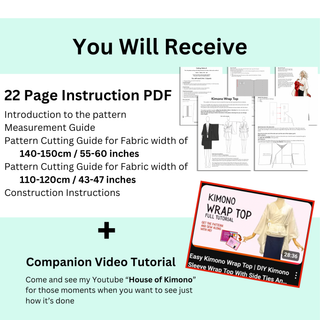 Visual guide of the instructions and features for the Kimono Wrap Top Sewing Pattern, including measurements and video tutorial info.