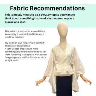 Fabric recommendations for Kimono Wrap Top Sewing Pattern featuring a mannequin wearing a white kimono wrap top.