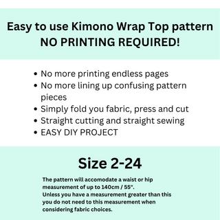 Easy to use Kimono Wrap Top sewing pattern with no printing required for sizes 2-24, perfect for DIY lovers.
