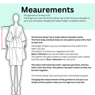 Measurements guide for Kimono Wrap Top Sewing Pattern, detailing fit and style adjustments.