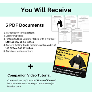 You will receive 5 PDF documents for the Kimono Jacket Sewing Pattern, including cutting guides and a video tutorial.