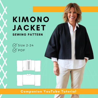 Kimono Jacket Sewing Pattern featuring a stylish woman in black jacket, size 2-24, with PDF and YouTube tutorial details.