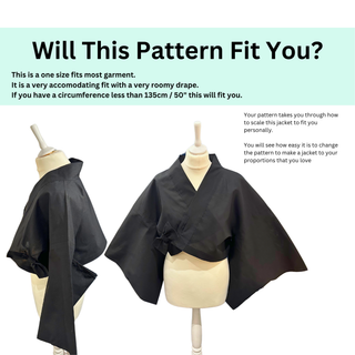 Kimono Jacket Sewing Pattern shown on dress form with roomy fit and drape features.