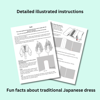 Detailed illustrated instructions for Kimono Jacket Sewing Pattern with fun facts about traditional Japanese dress.