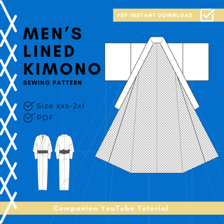Lined Men’s Kimono Sewing Pattern for sizes XXS to 2XL, PDF instant download with detailed design illustration.