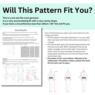 Lined Men’s Kimono Sewing Pattern sizing chart and fit guide for easy men's kimono sewing pattern.