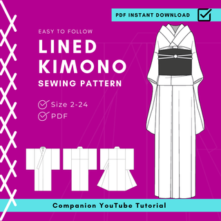 Lined Kimono Sewing Pattern with easy to follow instructions in PDF format, suitable for sizes 2-24, includes companion YouTube tutorial.