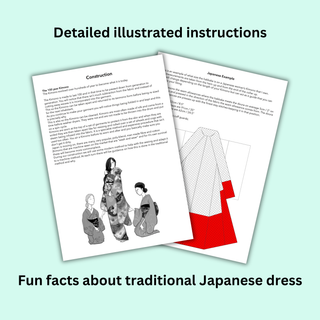 Detailed illustrated instructions for Lined Kimono Sewing Pattern with fun facts about traditional Japanese dress.