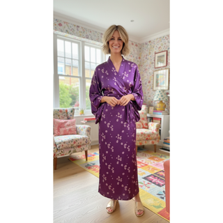 Model wearing a beautiful fully lined kimono made with a Lined Kimono Sewing Pattern in a floral purple fabric.