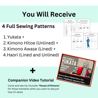 Men’s Kimono Sewing Pattern 4-Pack includes Yukata, Kimono Hitoe, Kimono Awase, and Haori patterns with a video tutorial.