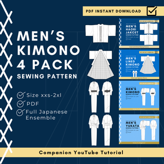 Men’s Kimono Sewing Pattern 4-Pack featuring Haori jacket, lined kimono, yukata, and coat designs available for download.