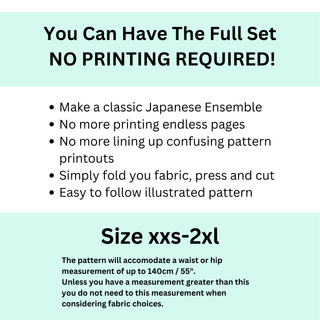 Men’s Kimono Sewing Pattern set details with no printing required, easy steps, sizes xxs-2xl.