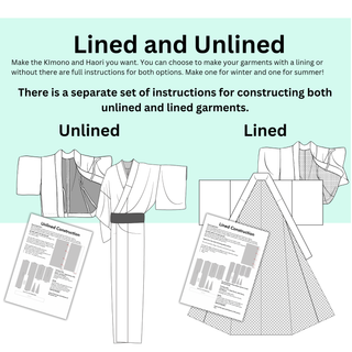 Lined and Unlined instructions for Men’s Kimono Sewing Pattern with guidelines for both garment types.