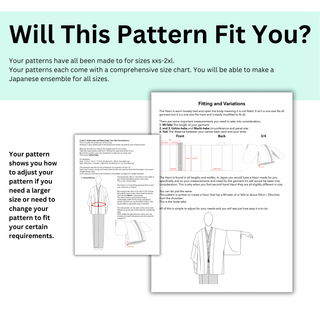 Men’s Kimono Sewing Pattern fitting guidelines for sizes XXS-2XL, including adjustment tips for a perfect fit.