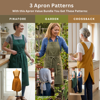Apron Sewing Pattern 3 Pack (PDF): Cross Back Apron, Pinafore Apron + Garden Apron Sewing Patterns