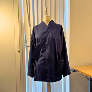 Chore Jacket Sewing Pattern displayed on a mannequin, showcasing a stylish navy unisex Samue Jacket design.