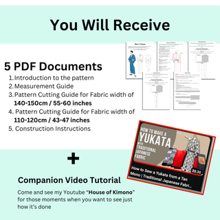 Men's Yukata Pattern materials including 5 PDF documents and a companion video tutorial for sewing a yukata.