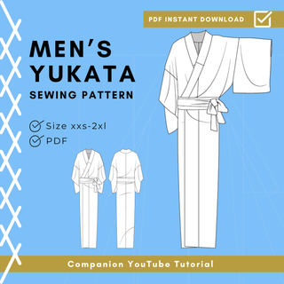 Men's Yukata Pattern illustration with options for sizes xxs-2xl and PDF instant download.