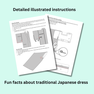 Detailed illustrated instructions for Men's Yukata Pattern sewing and fun facts about traditional Japanese dress.