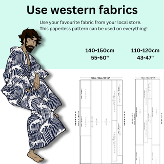 Men's Yukata Pattern showcasing a traditional yukata design with instructions for fabric sizes and usage.