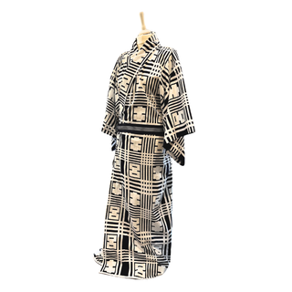 Men’s Kimono Sewing Pattern showing a black and white haori jacket on a dress form.