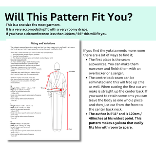 Men's Yukata Pattern fitting guide with instructions for adjusting size and seam allowances for a comfortable fit.