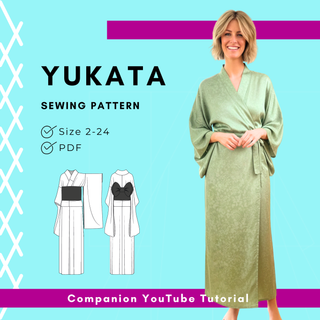 Women’s Yukata Sewing Pattern in PDF format, sizes 2-24, featuring stylish yukata designs and YouTube tutorial.