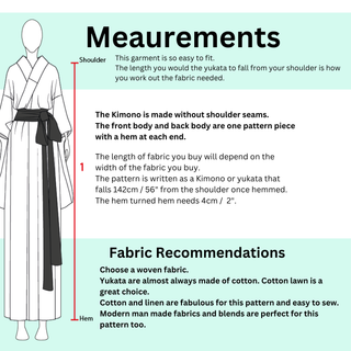 Women’s yukata sewing pattern measurements and fabric recommendations for creating traditional Japanese robe.